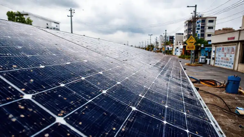 Paneles solares se limpian bajo cielo nublado