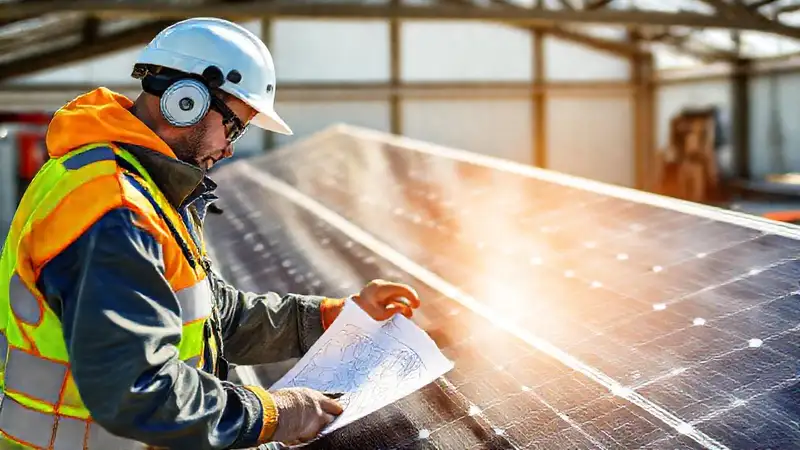 Un técnico desmonta paneles solares en taller