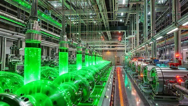 Fábrica futurista, energía limpia y brillante