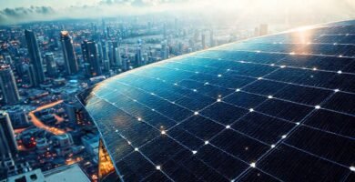 Paneles solares brillan en la ciudad futurista