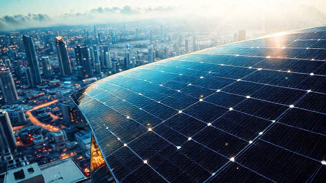 Paneles solares brillan en la ciudad futurista