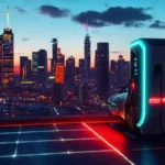 Estación de carga eléctrica futurista en la ciudad