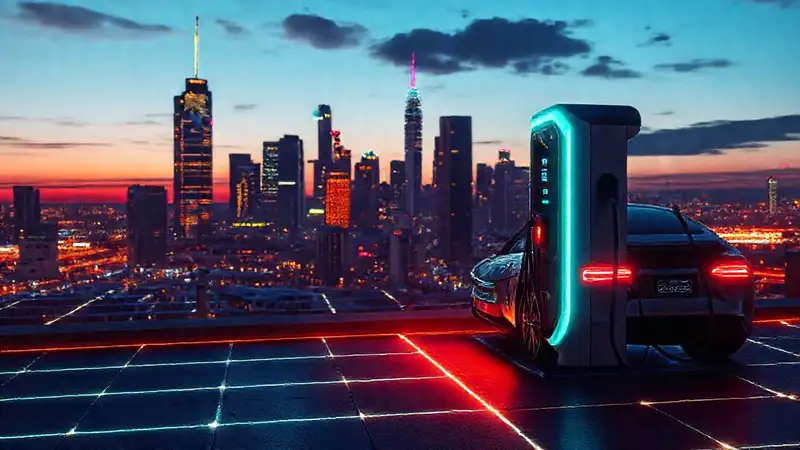 Estación de carga eléctrica futurista en la ciudad