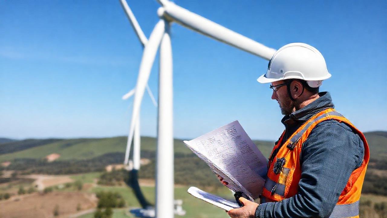 Técnico revisa turbinas eólicas industriales