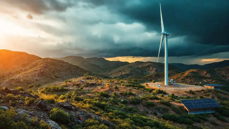 Turbina eólica resiliente en paisaje agreste