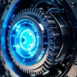 Motor eléctrico futurista emite energía azul