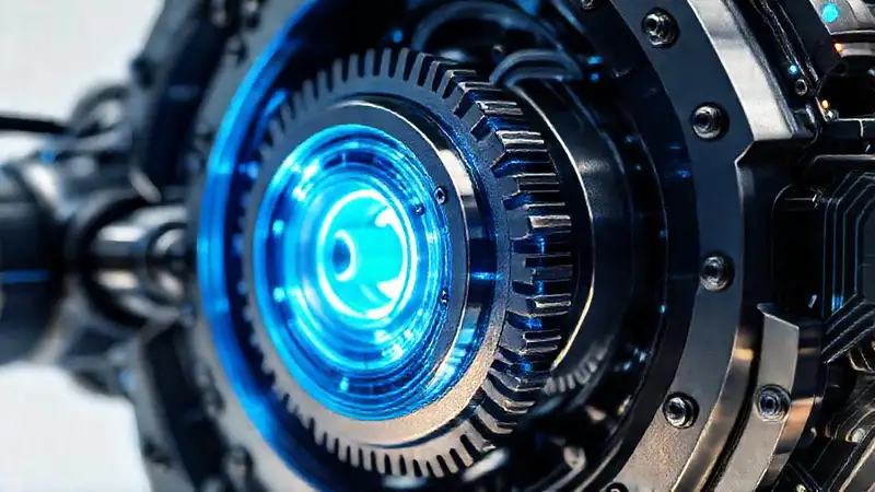 Motor eléctrico futurista emite energía azul