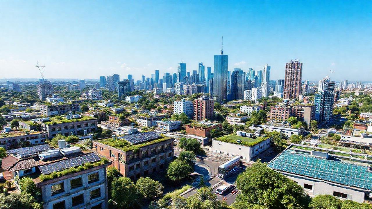 Ciudad moderna sostenible, verde y brillante