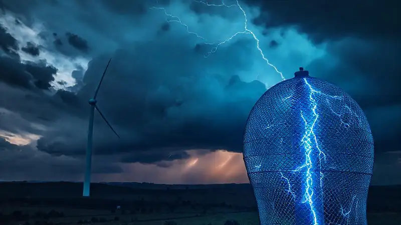 Turbina eólica contra tormenta luminosa y eléctrica
