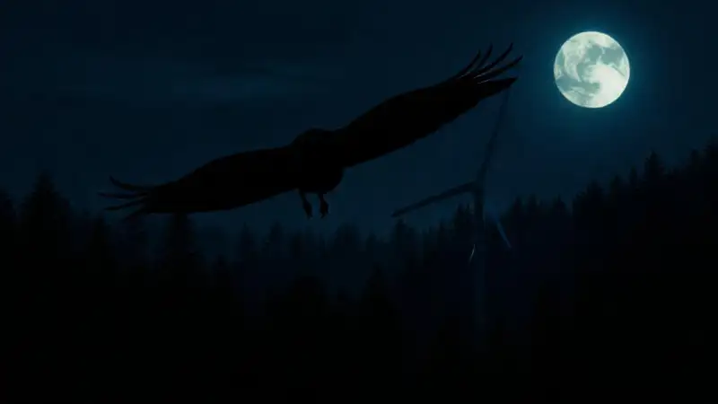 Silueta de ave nocturna en bosque oscuro