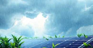 Paneles solares brillan bajo cielo tormentoso