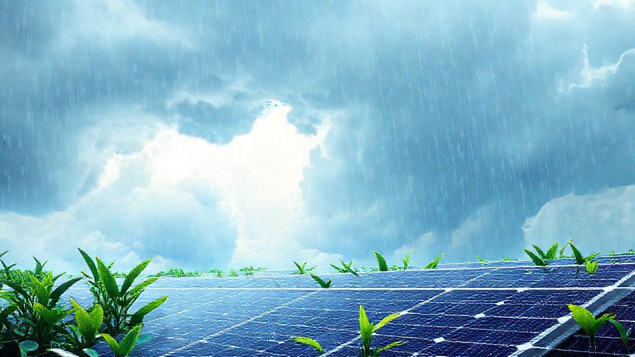 Paneles solares brillan bajo cielo tormentoso