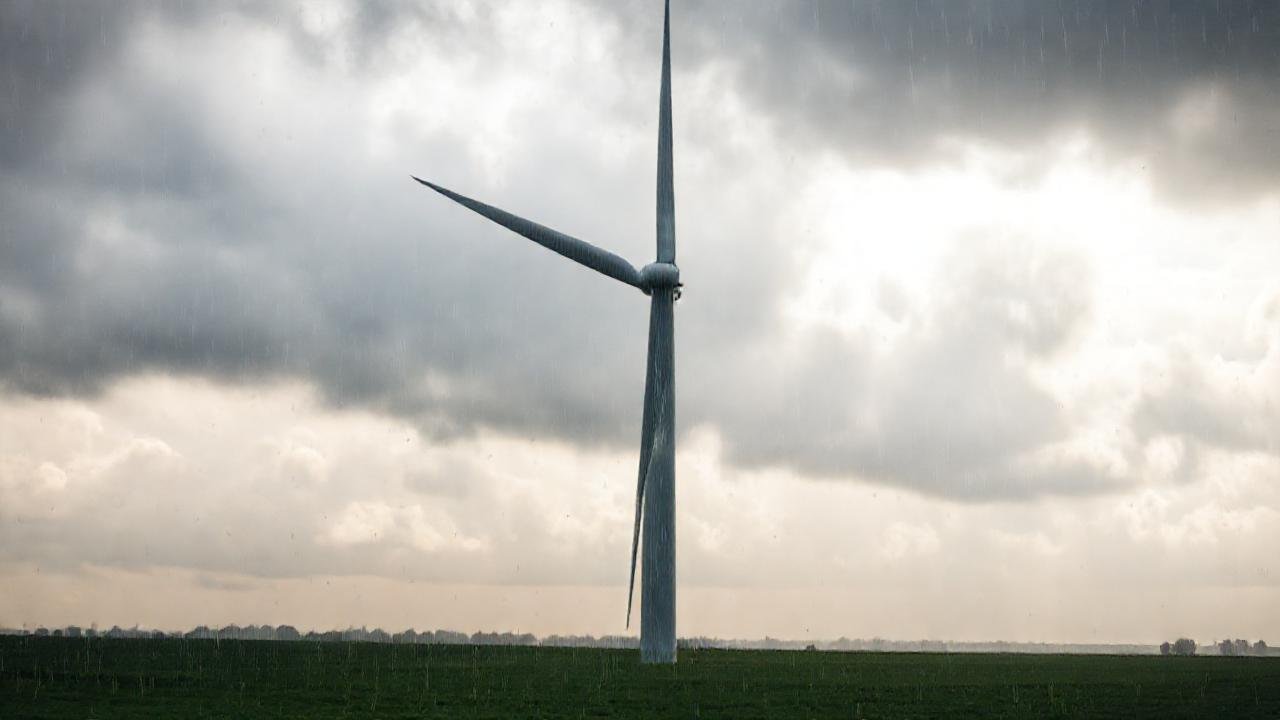 Turbina de viento en cielo lluvioso