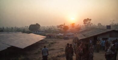 Comunidad rural contempla un atardecer sostenible