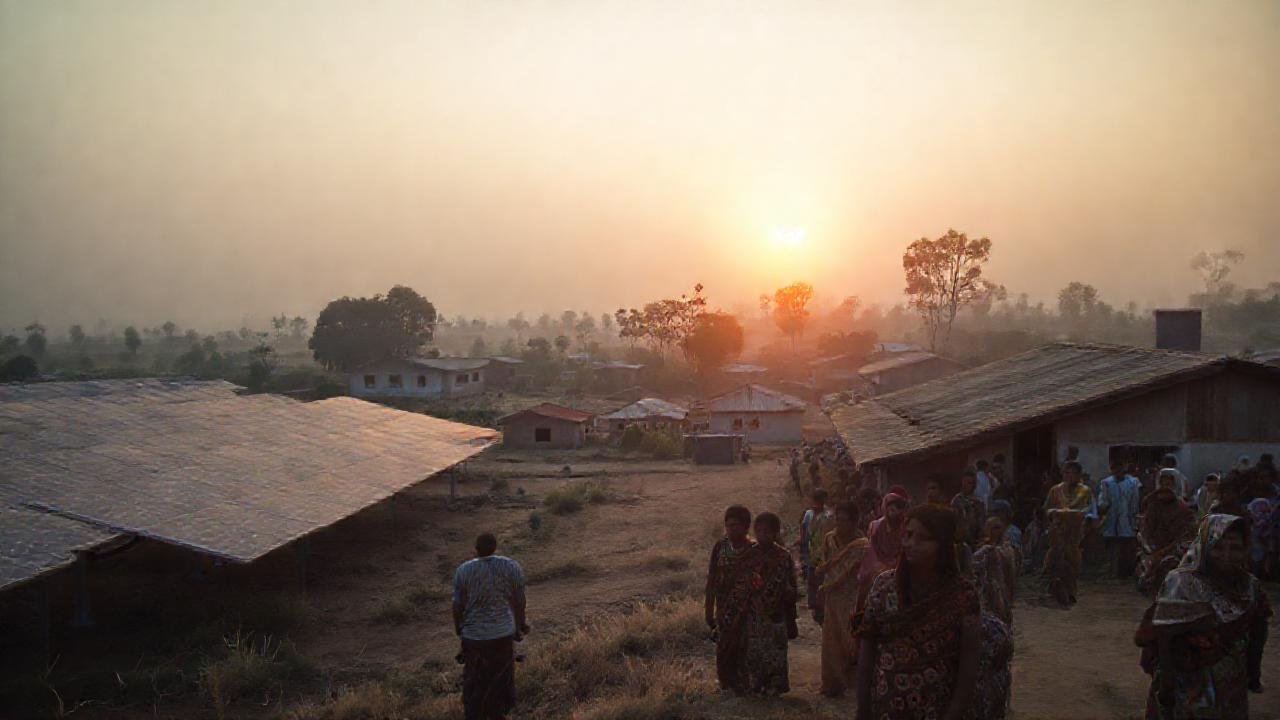 Comunidad rural contempla un atardecer sostenible