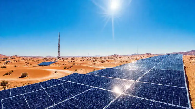 Paneles solares en un paisaje futurista
