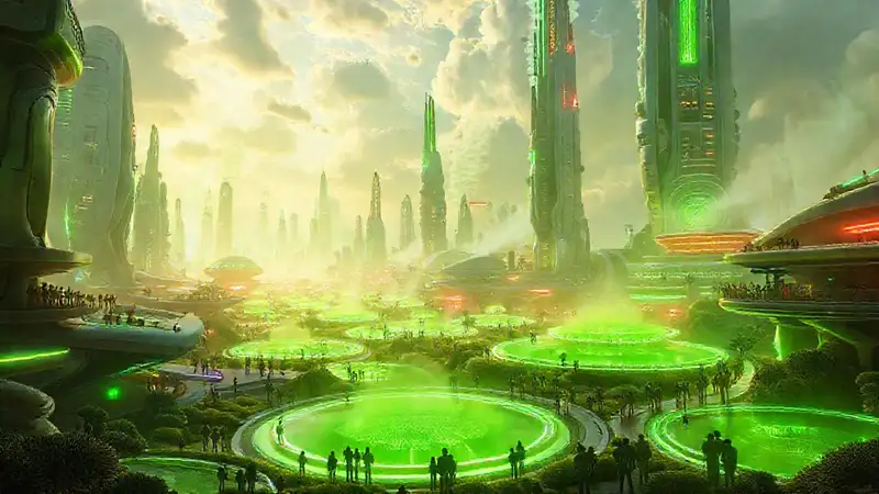 Ciudad futurista, verde y luminosa