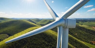 Turbina eólica moderna en paisaje rural