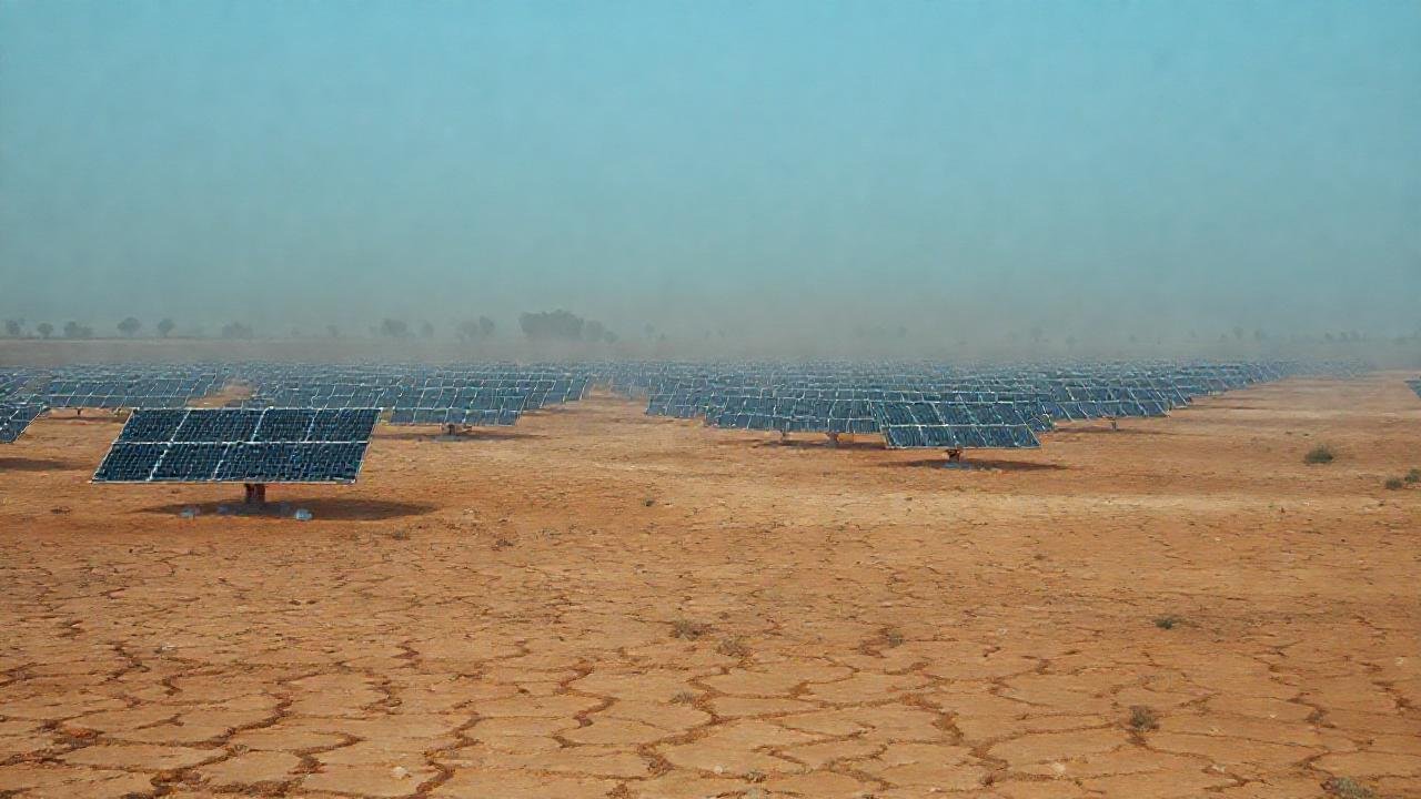 Finca solar árida, surrealista y silenciosa