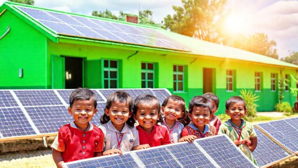 Niños aprenden en edificios sostenibles brillantes