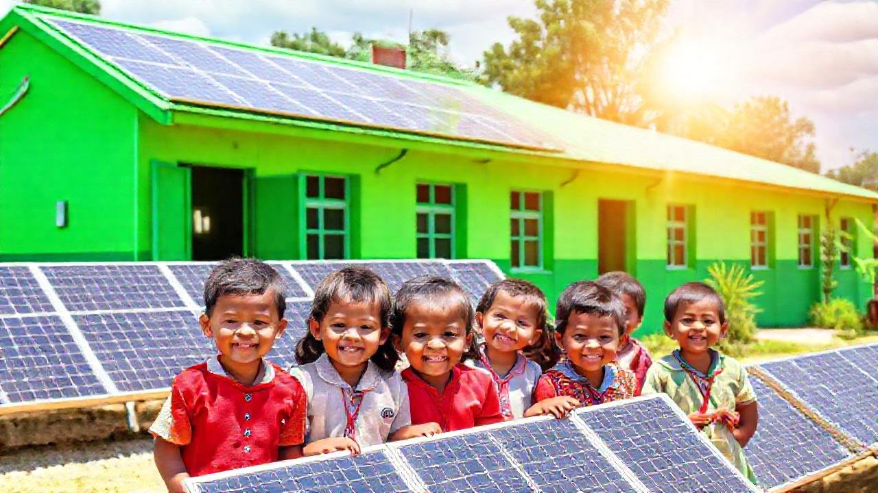 Niños aprenden en edificios sostenibles brillantes