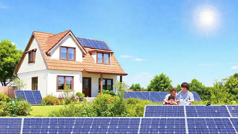 Energía solar ilumina una familia feliz