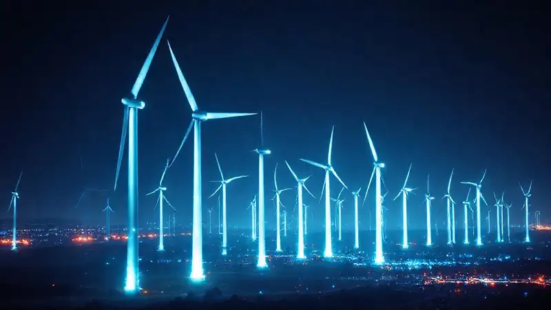 Turbinas eólicas nocturnas transmiten energía futurista