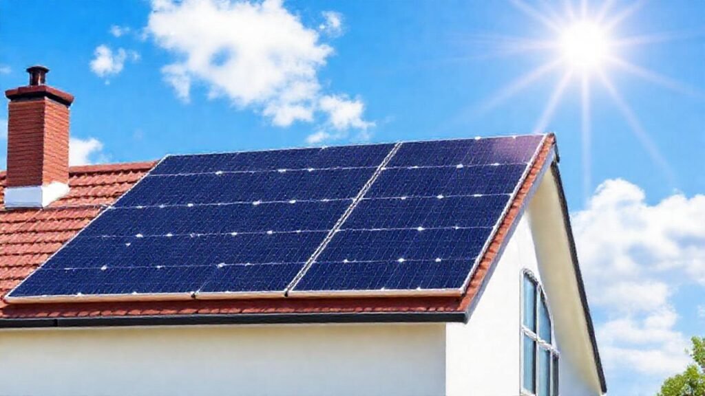 Paneles solares modernos iluminan techos azules