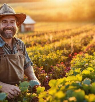 Una granja feliz cultiva la tierra