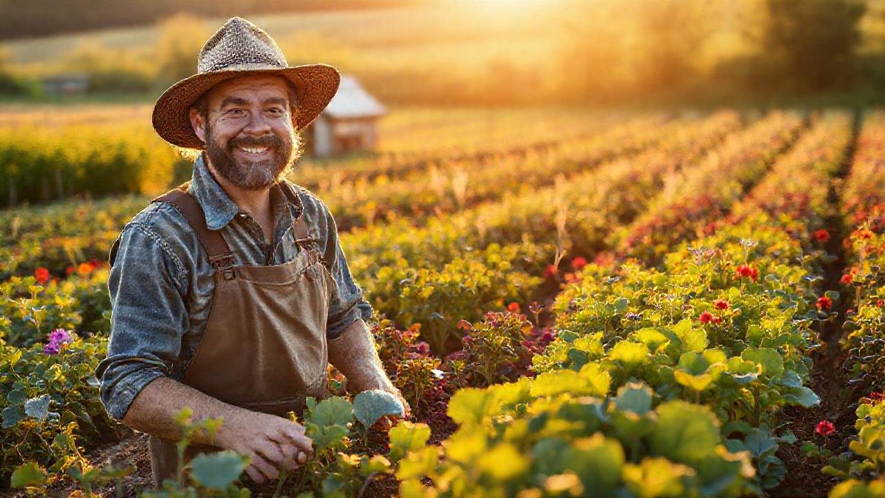 Una granja feliz cultiva la tierra