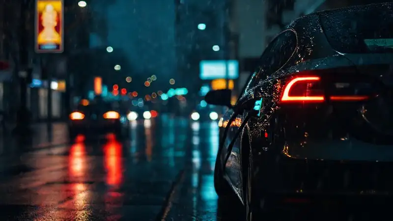 Lluvia, luces borrosas y noche oscura