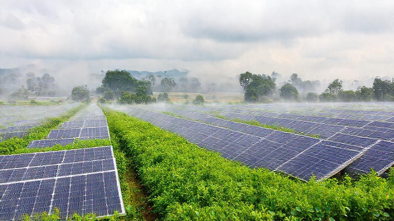 Panel solar en paisaje húmedo