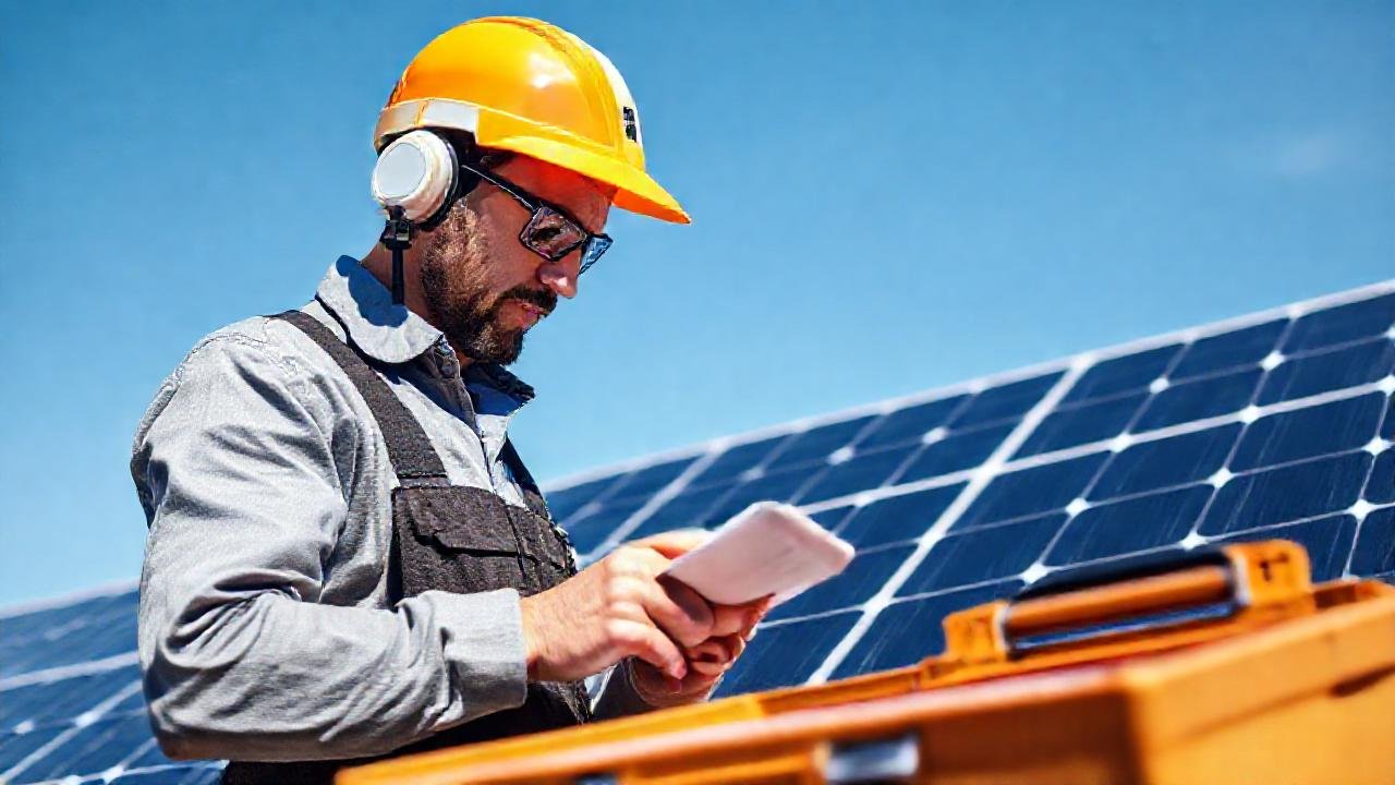 Técnico revisa paneles solares bajo sol
