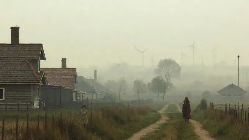 Familia preocupada en un paisaje rural inquietante