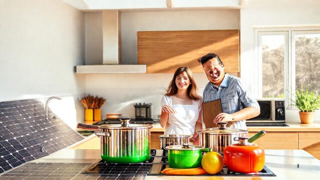 Una familia feliz disfruta de energía solar
