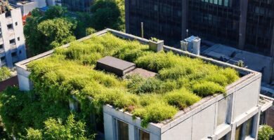 Un edificio moderno con techo verde