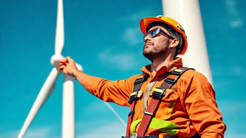 Técnico revisa turbina eólica en azul