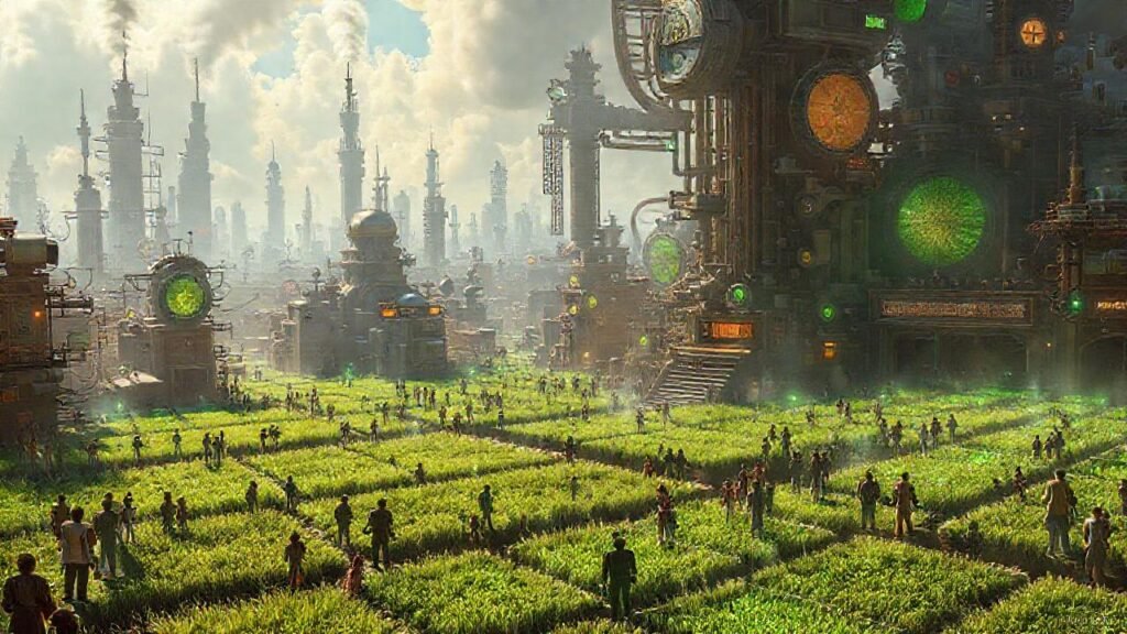 Ciudad steampunk vibrante con energía y esperanza