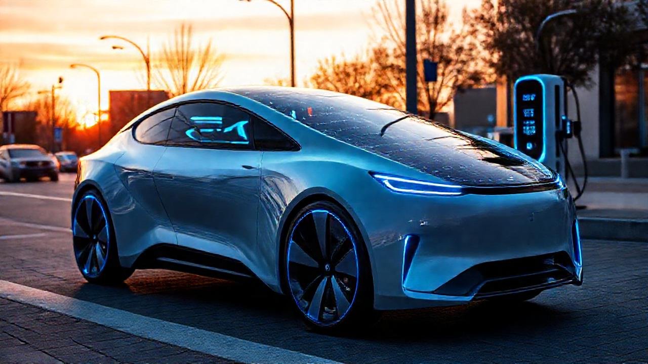 Coche solar futurista carga en la ciudad