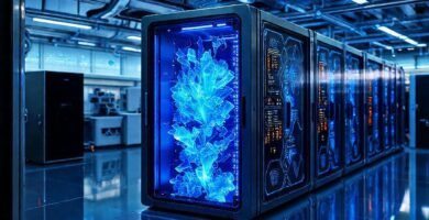 Almacenamiento futurista irradia energía digital brillante