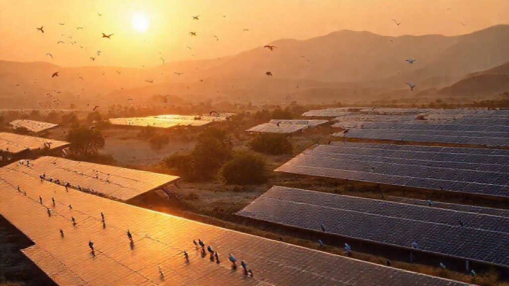 Paneles solares iluminan un paisaje sereno