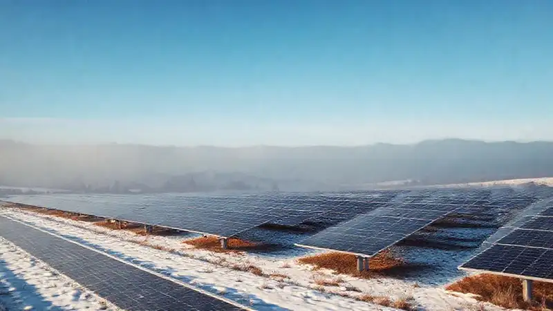 Solar rural nevado en paisaje brumoso