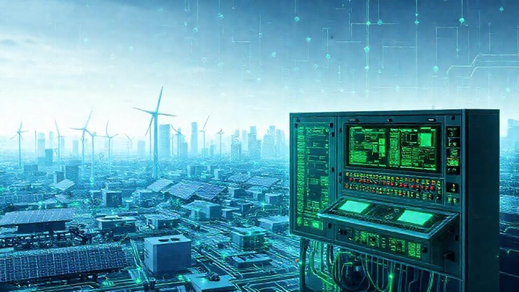 Microgrid futurista gestiona energía conectada inteligentemente