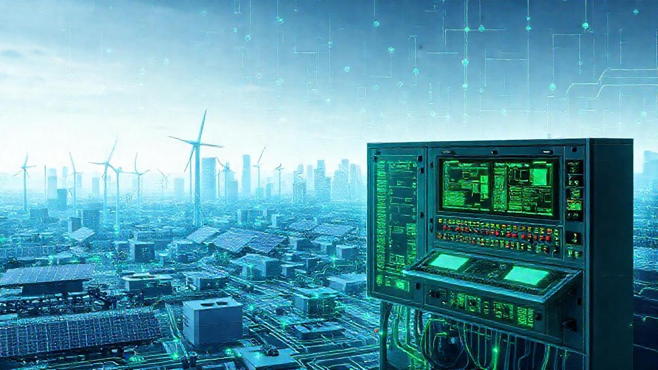 Microgrid futurista gestiona energía conectada inteligentemente