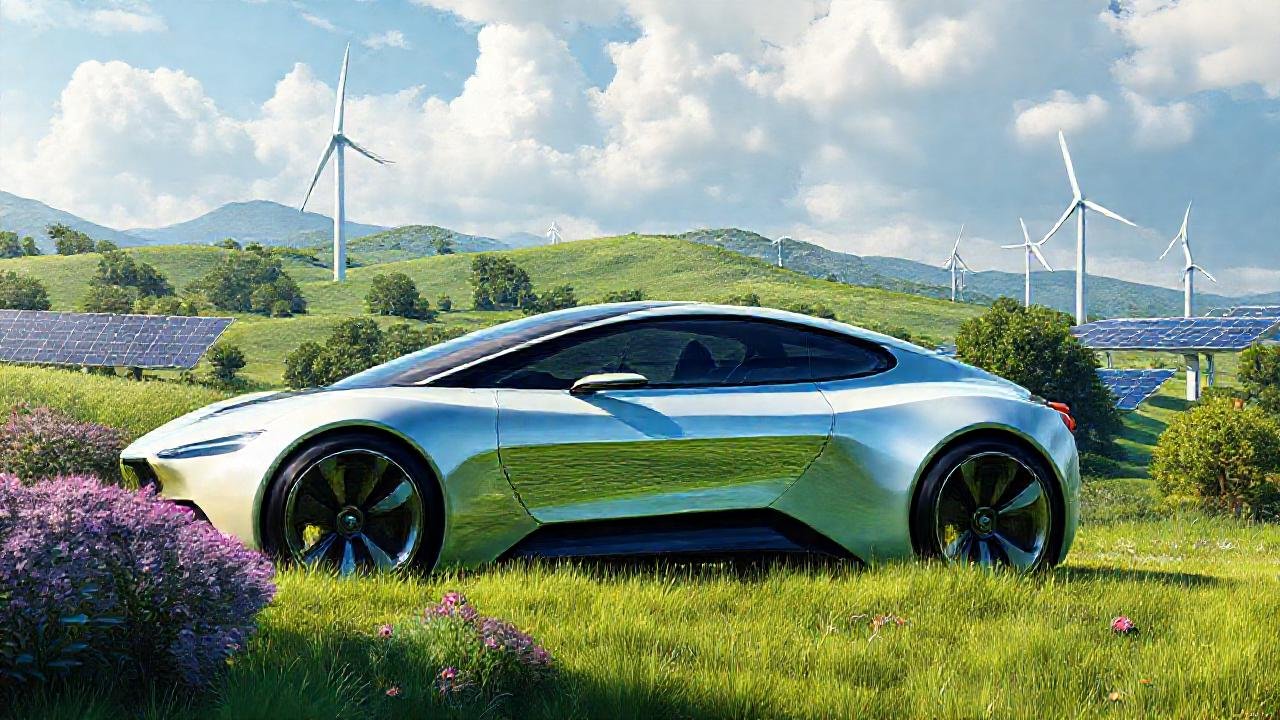 Coche futurista en un paisaje ecológico