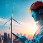 Un técnico diagnostica turbina urbana futurista