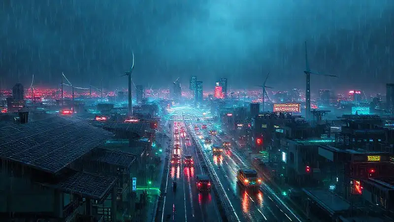 Ciudad cyberpunk futurista, lluviosa y brillante