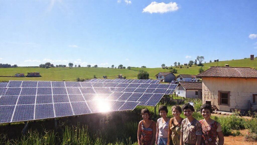 Pueblo rural con energía solar y esperanza