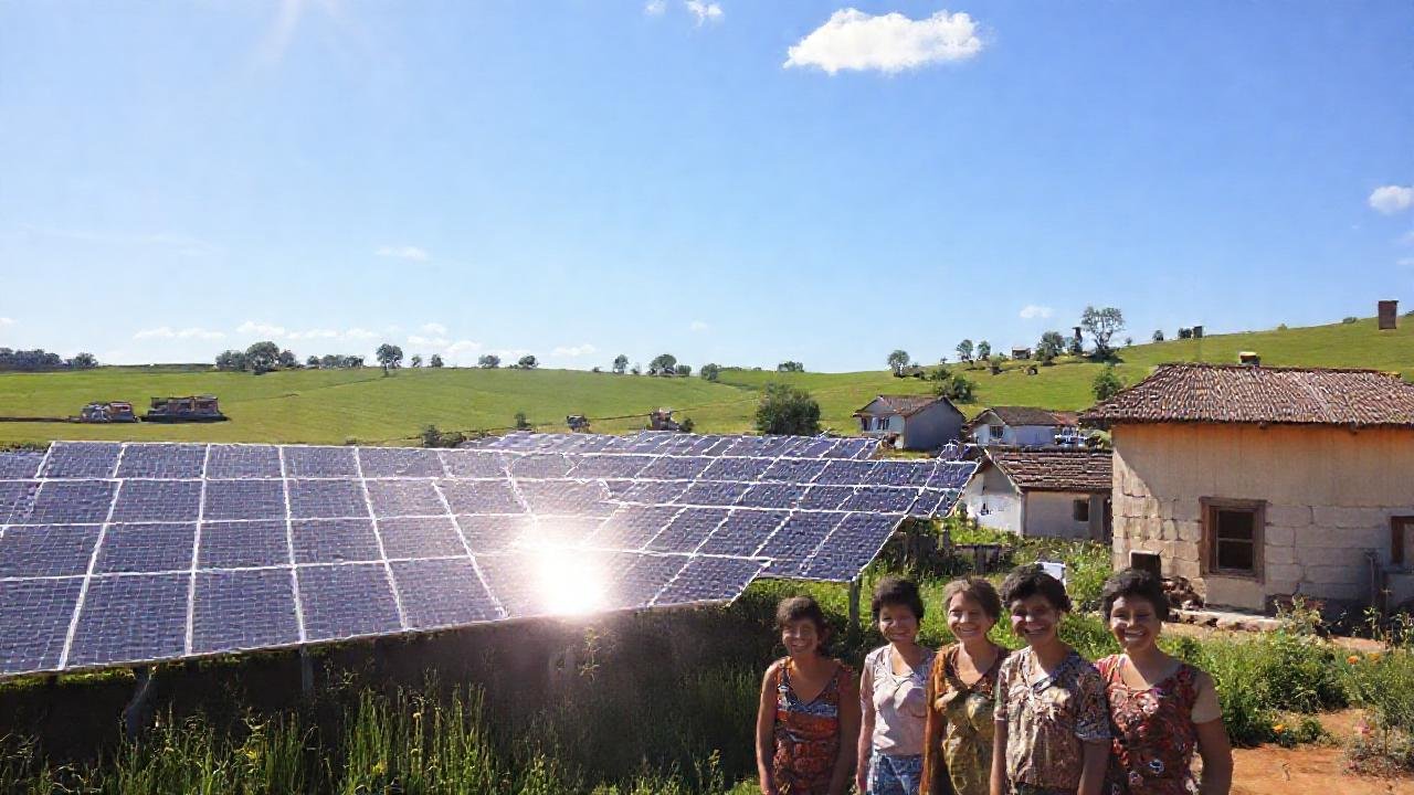 Pueblo rural con energía solar y esperanza