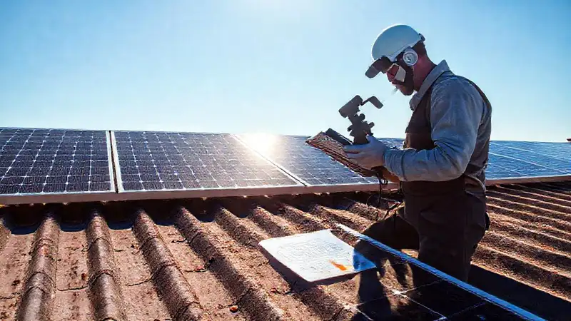 Técnico revisa paneles solares en el techo